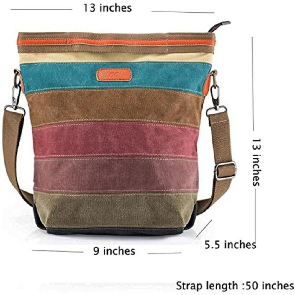 Canvas Handbag Multi-Color Striped Lattice Cross Body Shoulder Purse Bag - Picture 2 of 7